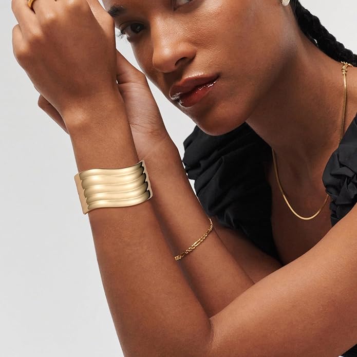 HZMAN 18K Gold Plated Wide Cuff Bracelet for Women - Premium Alloy Shiny Polished Double Layer Statement Bangle, Trendy Daily Wear Party Jewelry Accessory