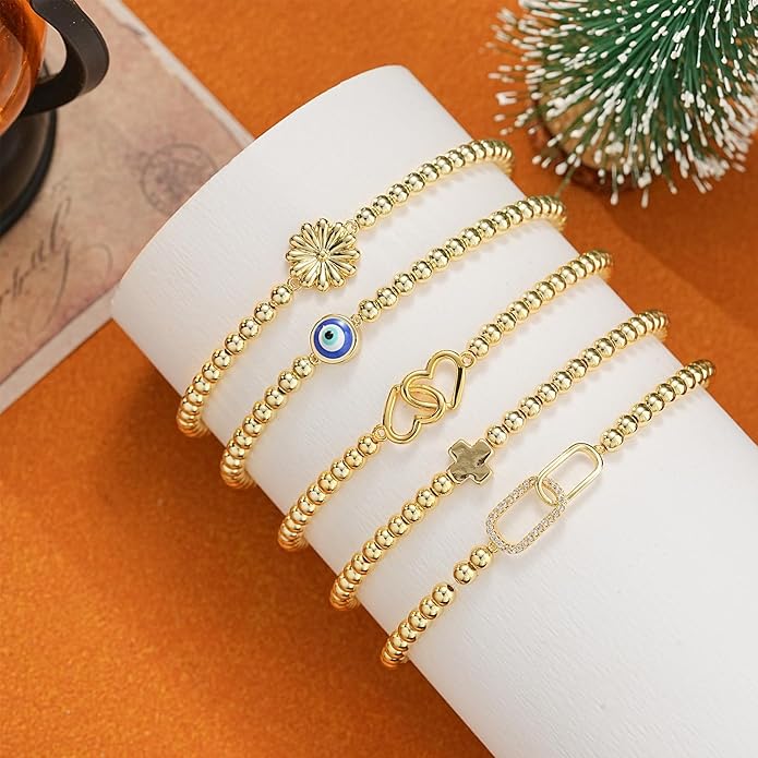 Gold Bracelets for Women 14K Gold Beaded Bracelets Stackable Bracelets for Women Gold Charm Bracelet Non Tarnish Gold Jewelry for Women Trendy