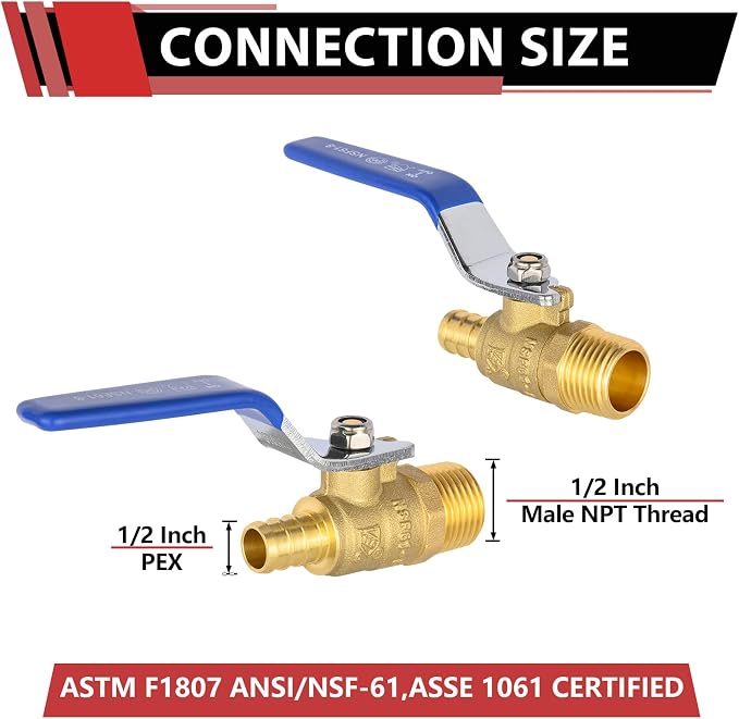 2PC EFIELD 1/2"Crimp Pex X 1/2" Male NPT Brass Shut-off Ball Valve | - Image 2