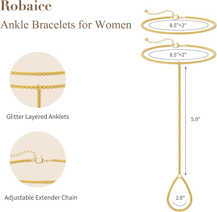 Ankle Bracelets for Women, Glitter Waterproof Adjustable Anklet for Women, 14K Gold Plated/Sterling Silver Layered Anklets, Summer Beach Anklet Jewelry for Women Gift