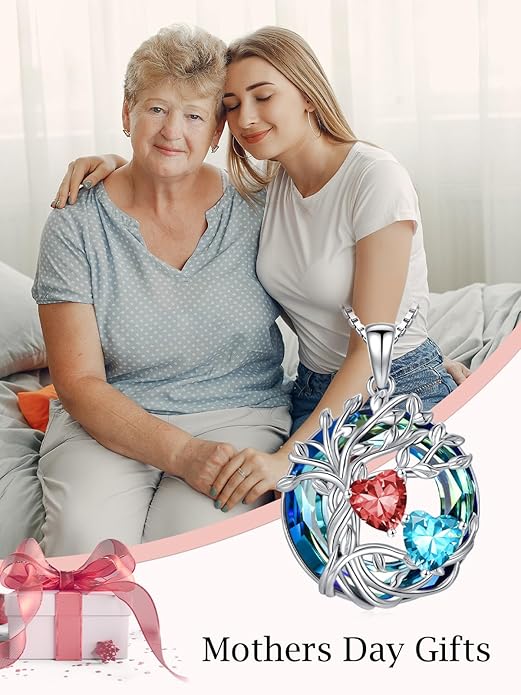 TOUPOP s925 Sterling Silver Family Celtic Tree of Life Pendant Necklaces with 2 Heart Birthstone with Blue Austrian Crystal Jewelry Birthday Valentines Day Gifts for Her, Anniversary Christmas Gifts for Wife Girlfriend Mom (18K Real White Gold Filled)
