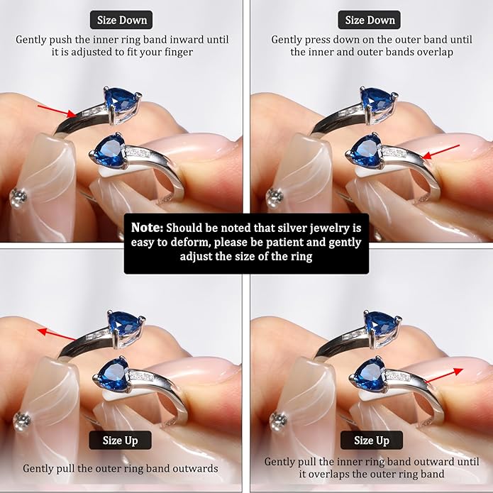 1CT Adjustable Women Heart Ring 925 Sterling Silver Birthstone Rings for Women Promise Ring for her Simulated Gemstone Statement Stackable Band Width 2mm Open Size 5~9