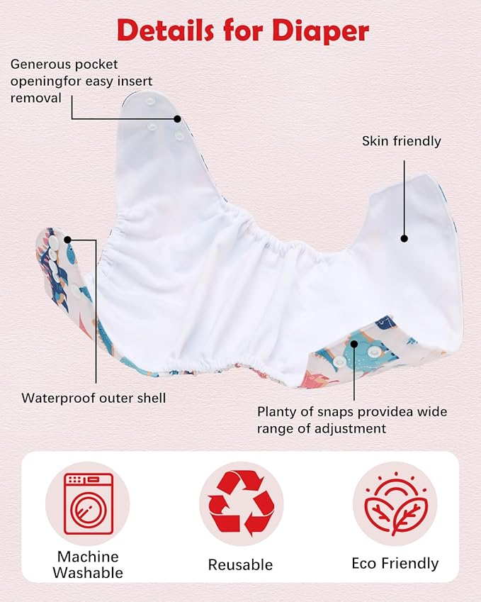 Babygoal Baby Cloth Diaper 6 Pack with 6pcs Inserts and Wet Bag for Fitted Diapers and Prefolds, Adjustable and Reusable Covers for Toddler Boys and Girls