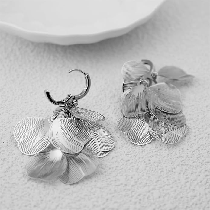 Boho Flower Layered Floral Leaf Drop Dangle Earring For Women,Metal CZ Gold Lightweight Flower Bohemian Gold Petal Exaggerated Jewelry Earrings For Women Brides Party Prom Wedding