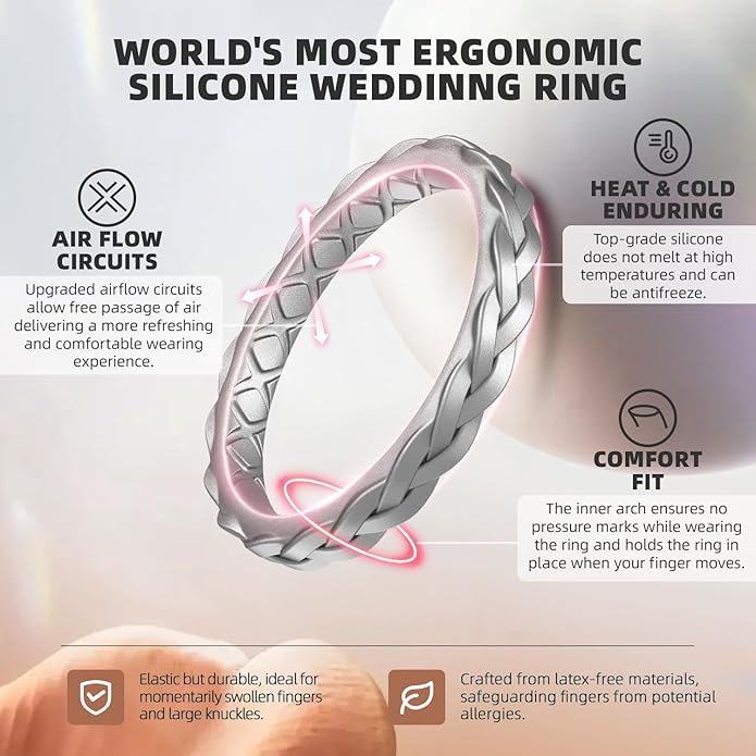 Egnaro Women's Wedding Bands, Silicone Thin and Stackable Rubber Engagement Ring, Variety Multipack With Breathable Grooves Workout Accessories