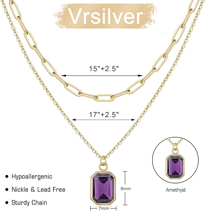 Layered Birthstone Necklace for Women Girls, 14K Gold-Plated Paperclip Chain Choker Necklace with Rectangle Birthstone Pendant Birthday Gifts for Women Girls Dainty Small