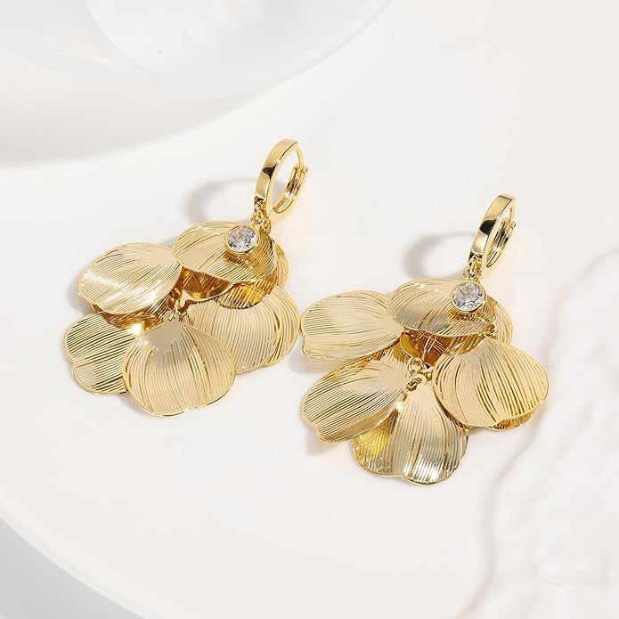 Boho Flower Layered Floral Leaf Drop Dangle Earring For Women,Metal CZ Gold Lightweight Flower Bohemian Gold Petal Exaggerated Jewelry Earrings For Women Brides Party Prom Wedding