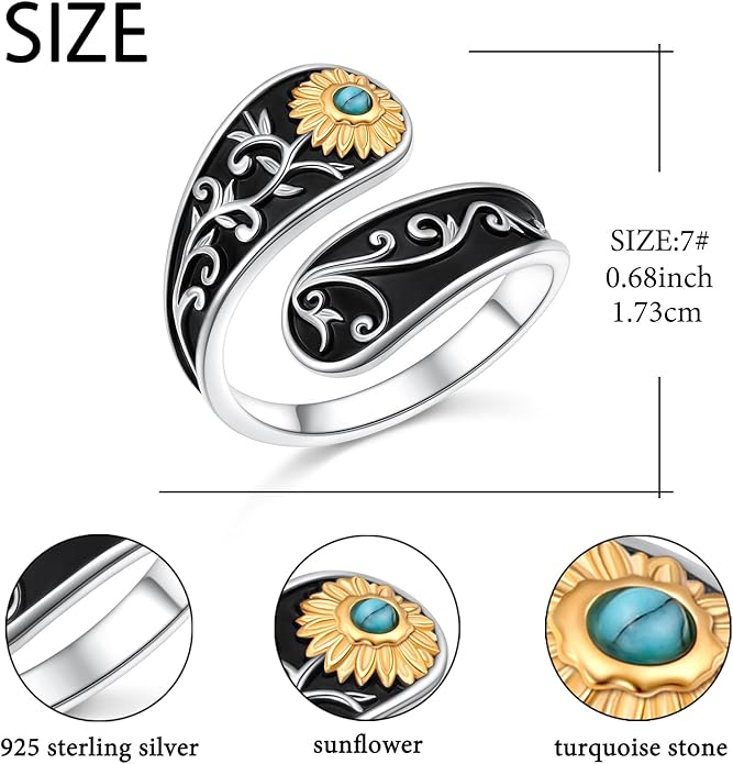 FLYOW Sterling Silver Sunflower Spoon Ring Victorian Style Boho Antique Flower Adjustable Open Ring Retro Statement Cubic Zirconial/Turquoise/Oxidized Thumb Rings for Women Birthday Christmas Jewelry