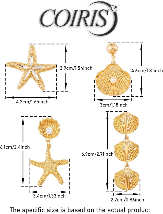 Coiris 4 Pairs Shell Starfish Earrings Set for Women Seashell Gold Dangle Earrings Chunky Drop Beach Summer Jewelry
