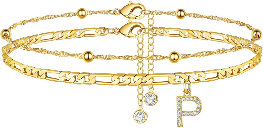 Ursteel Ankle Bracelets for Women, 14K Gold Plated Dainty Layered Chain CZ Initial Anklets Summer Jewelry Gifts for Women