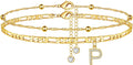 Ursteel Ankle Bracelets for Women, 14K Gold Plated Dainty Layered Chain CZ Initial Anklets Summer Jewelry Gifts for Women