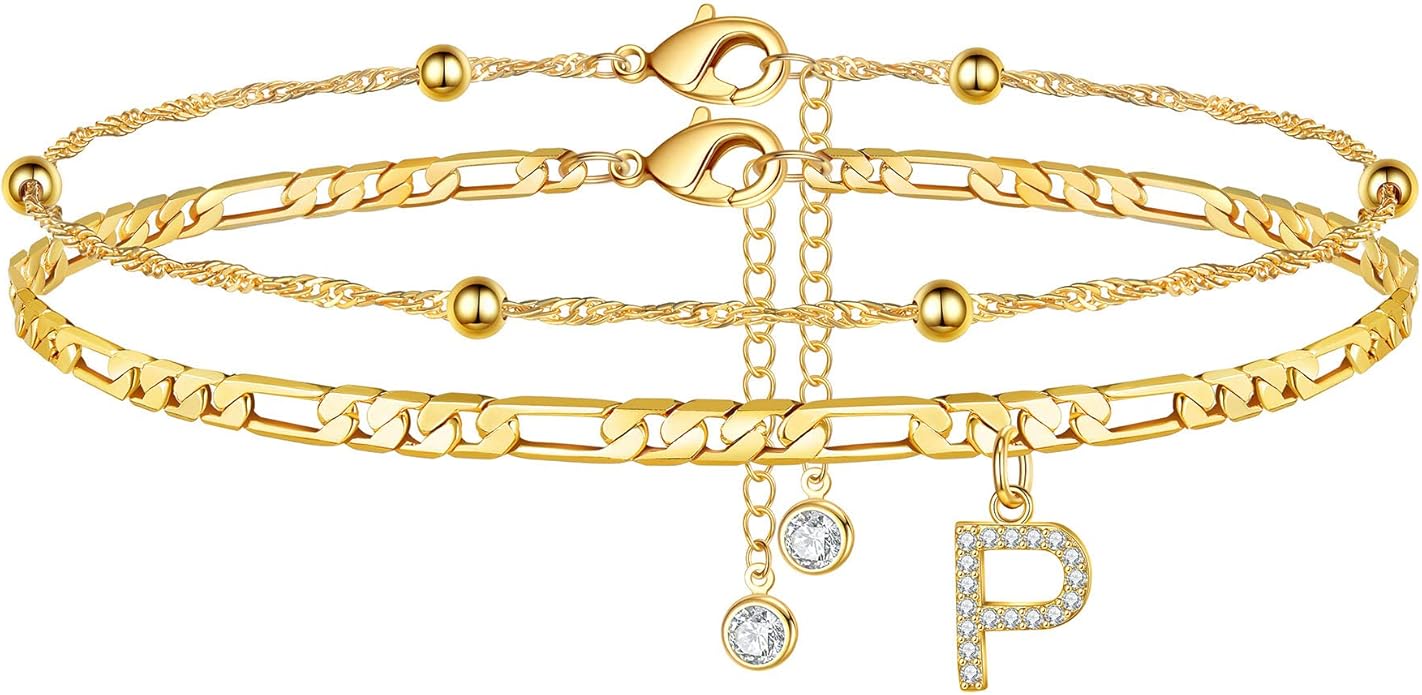 Ursteel Ankle Bracelets for Women, 14K Gold Plated Dainty Layered Chain CZ Initial Anklets Summer Jewelry Gifts for Women