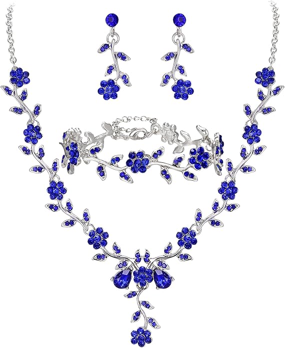 BriLove Women's Wedding Jewelry Leaf Cluster Flower Crystal Dangle Earrings Pendant Necklace Set for Bridal