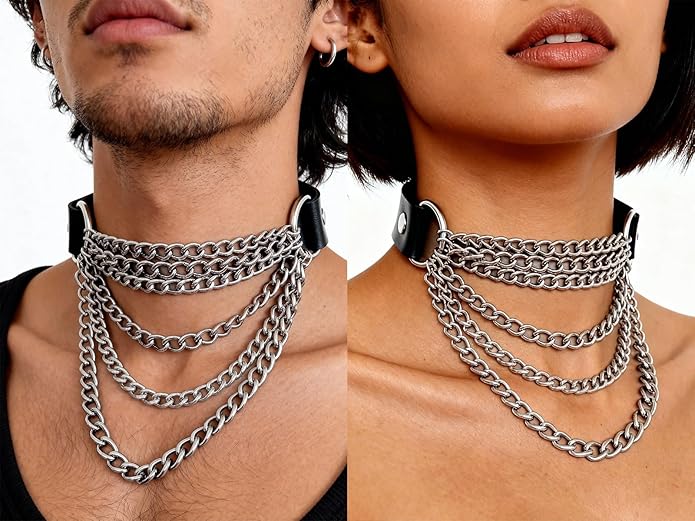 Gothic PU Leather Chain Choker for Women, Adjustable Multi-Layer Alloy Chain Collar, Punk Rock Festival Necklace, Edgy Goth Choker for Rave, Party, Clubwear Accessories (Fits neck 13.2-15.2in)