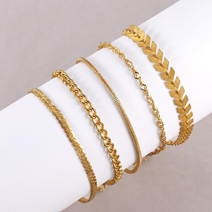 VIBILIA Dainty Gold Chain Bracelet for Women Trendy Stackable Adjustable Layered Metal Bracelet Gold Plated Twist Link Figaro Chain Paperclip Bracelets Fashion Jewelry