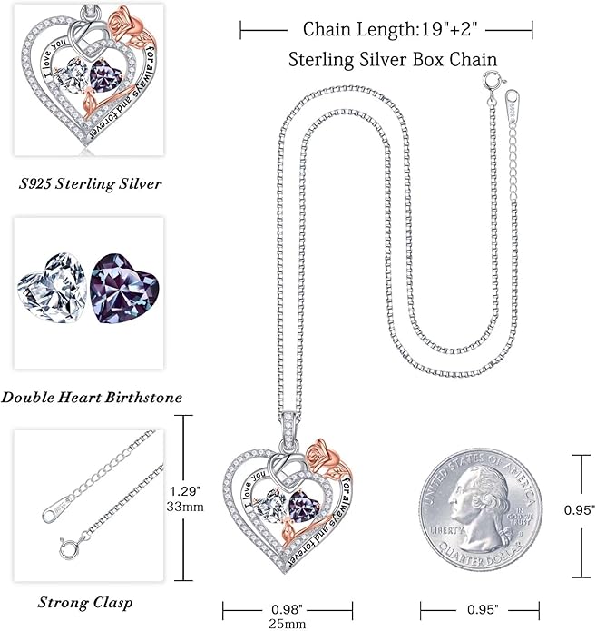 Iefil Valentines Day Gifts for Her Wife - 925 Sterling Silver Double Birthstone Necklace, Anniversary Birthday Gifts for Women, Jewelry Gift for Wife Girlfriend Mom Her