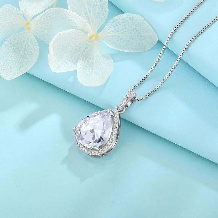 FJ Teardrop Pendant Necklace 925 Sterling Silver Birthstone Jewelry Gifts for Women