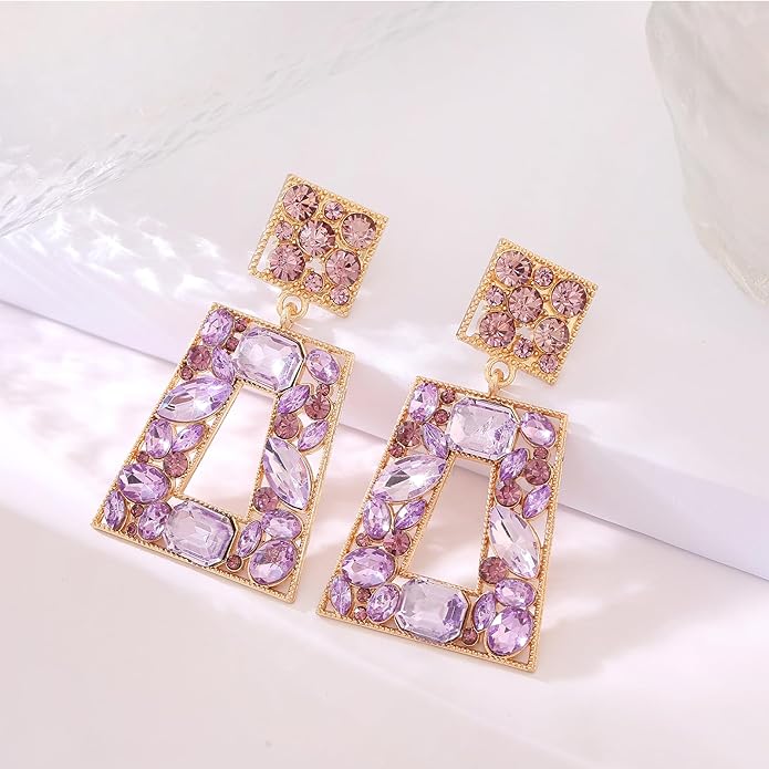 Rhinestone Rectangle Statement Earrings Colorful Crystal Geometric Drop Dangle Earrings for Women Prom Party
