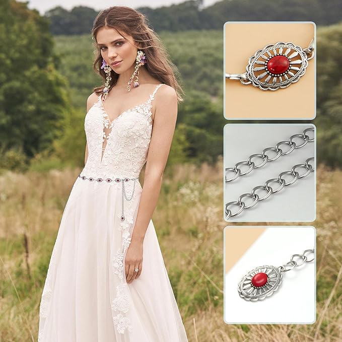 FIORETTO Metal Waist Chain Link Belt for Women Western Cowgirl Boho Turquoise Belts for Dress Jeans Country Concert Outfit