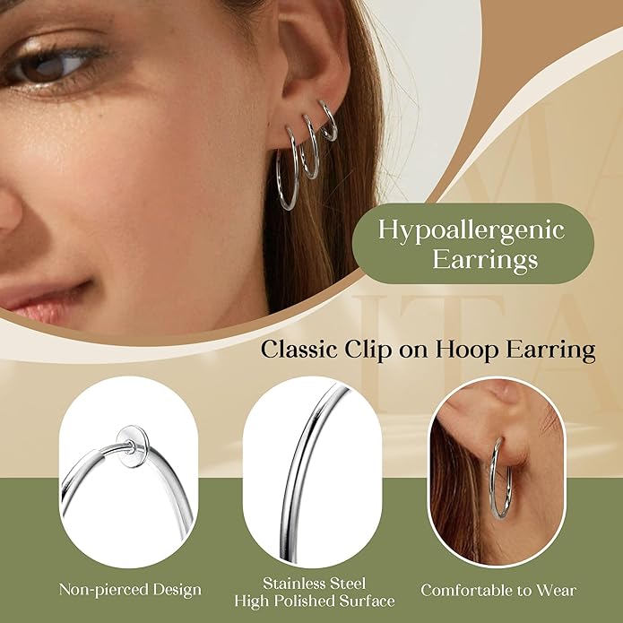 Magitaco 8 Pairs Clip On Hoop Earrings Stainless Steel Clip On Earrings for Women Fake Hoop Earring Spring Hoop Earring For Non-Pierced Ears