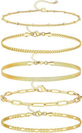 iF YOU Gold Ankle Bracelets for Women, 14k Gold Plated Waterproof Cuban Link Chain Anklets Set, Layered Anklet Bracelets for Women Beach Gift Adjustable Size 5pc