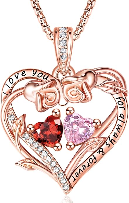 Rose Heart Necklaces for Women, Rose Gold Forever Love Jewelry with 2 Birthstones Pendant,Valentines Anniversarry Birthday Gifts for Her Wife Mom Grandma Daughter, 18+2 Inch Chain