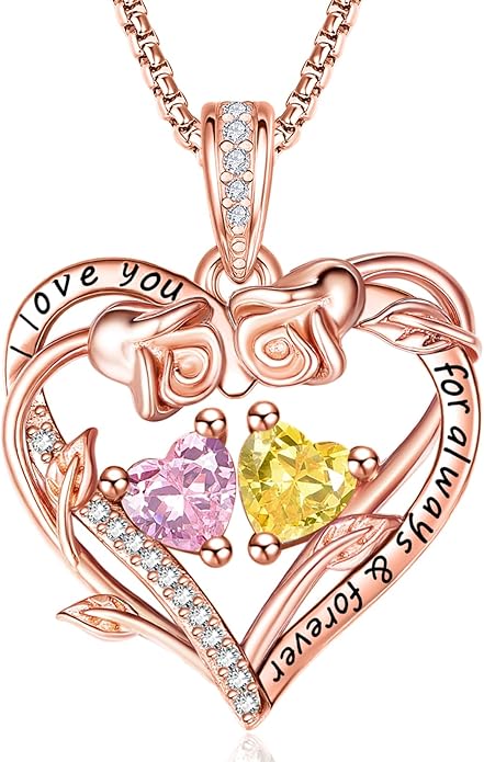 Rose Heart Necklaces for Women, Rose Gold Forever Love Jewelry with 2 Birthstones Pendant,Valentines Anniversarry Birthday Gifts for Her Wife Mom Grandma Daughter, 18+2 Inch Chain