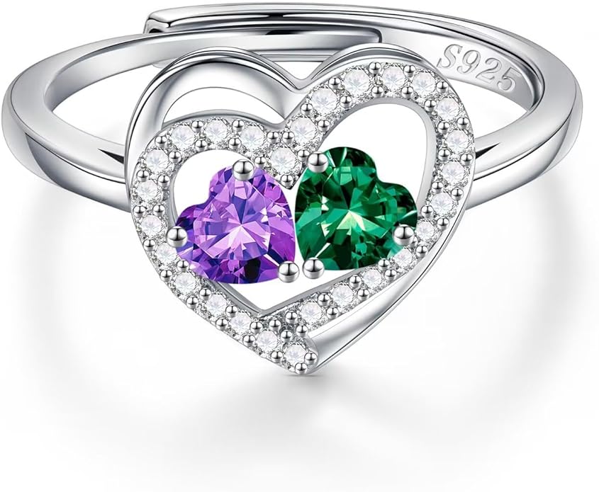 Iefil Adjustable Ring for Women - 925 Sterling Silver Double Birthstone Rings, Anniversary Birthday Gifts for Women Wife Her