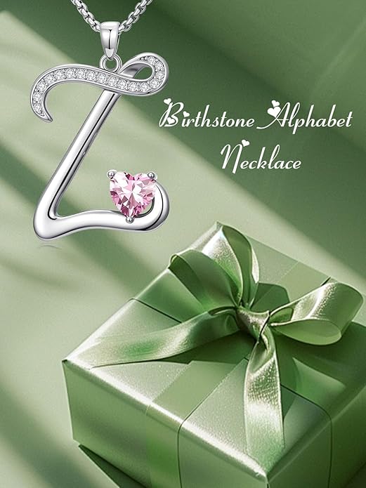 Valentines Day Gifts for Women Alphabet A to Z Initial Birthstone Pendant Necklaces for Women - 18k White Gold Plated Personalized Name Jewelry Valentine Mothers Day Birthday Gifts for Women Her Girlfriend