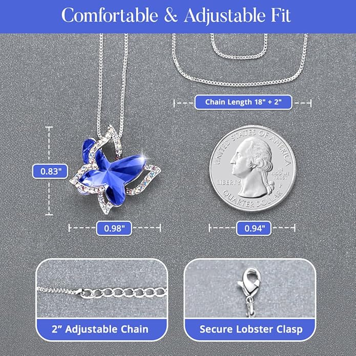 Valentine's Day Gift Butterfly Birthstone Crystal Necklace, Silver Tone with 18”+2” Chain, Necklace for Mother’s Day Anniversary Birthday Gifts for Women and Daughter
