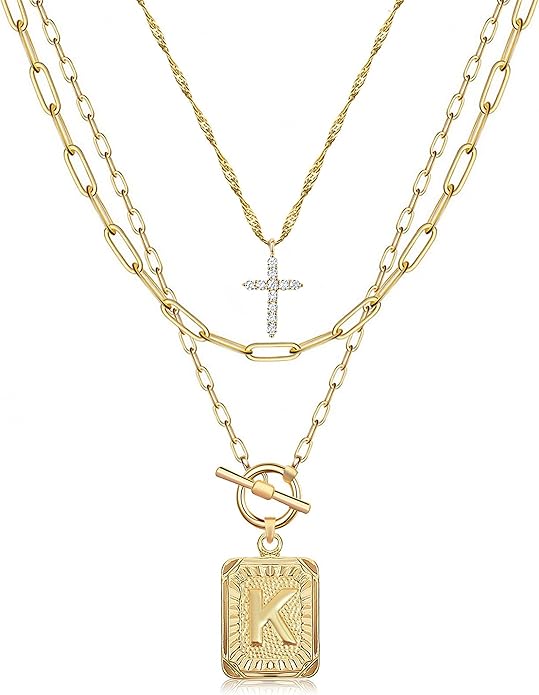 MJartoria Layered Initial Necklaces for Women Trendy, 14K Gold Plated Brass Simple Dainty Cross Choker Square Letter Pendant Necklace, Paperclip Chain Necklaces Jewelry
