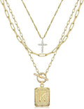 MJartoria Layered Initial Necklaces for Women Trendy, 14K Gold Plated Brass Simple Dainty Cross Choker Square Letter Pendant Necklace, Paperclip Chain Necklaces Jewelry