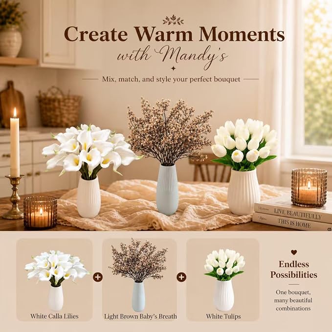 Mandy's 28pcs Artificial White Tulips | 13.5 Inch Lifelike PU Tulips Faux - Image 9