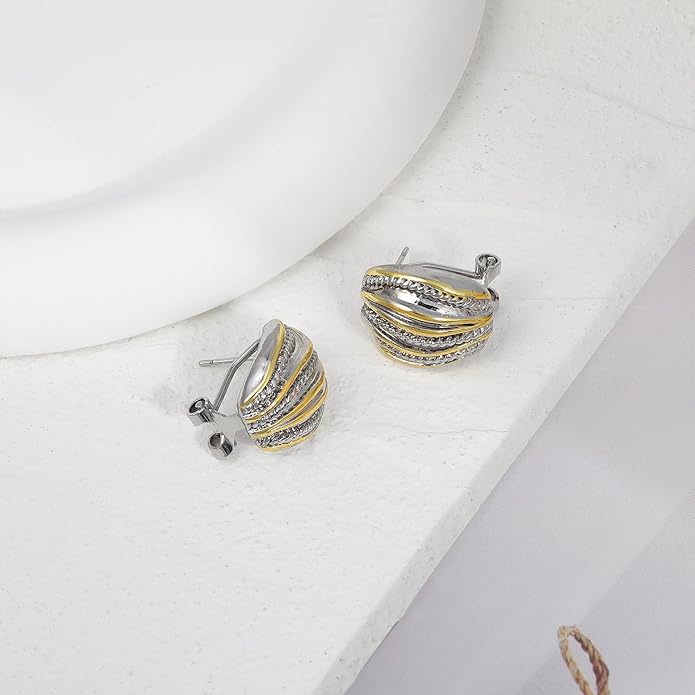 Mytys Two Tone Huggie Hoop Earrings Cross Over Design Twisted Rope Silver Gold Statement Wide Band Clip On Hoops for Women Fashion Jewelry Gift