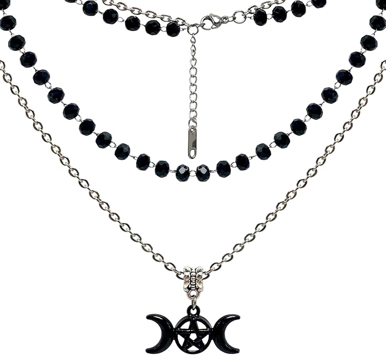 Black Stylish Gothic Necklace, Layered Beads Sun Necklace for Women, Black Bead Onyx Necklace, Goth Jewelry for Biker, Hiphop Punk Style for Women, Teenage