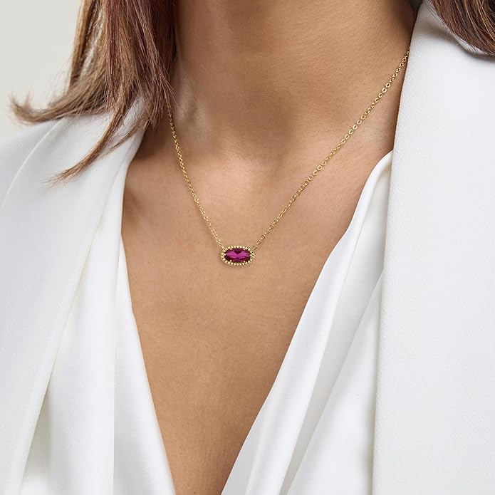 Belacqua Gemstone Necklace in 14K Gold Plated Sterling Silver, Oval Pendant Size 6 * 12mm, 15" Cable Chain with 2" Extender, Spring Ring Clasp, Dainty Birthstone Necklace for Women, Gift Box Included