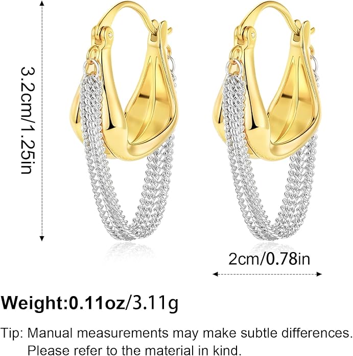 Two-Tone Tassel Chain Huggie Hoop Earrings for Women Mix Metal 18K Gold Plated Small Chunky Statement Earrings Gold Silver Dangle Drop Hip Hop Punk Hoop Earrings