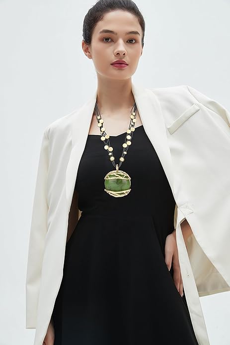 GelConnie Leather Necklace for Women Large Pendant Long Brown Necklace Circle Leather Choker Vintage Sweater Necklace Gold Chunky Boho Necklaces for Women