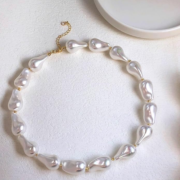 Zeffy 14K Gold/Silver Plated Chunky Thick Chain Toggle Clasp Necklace Dainty Baroque Pearl/Heart/Cross/Turquoise Pendant Necklace
