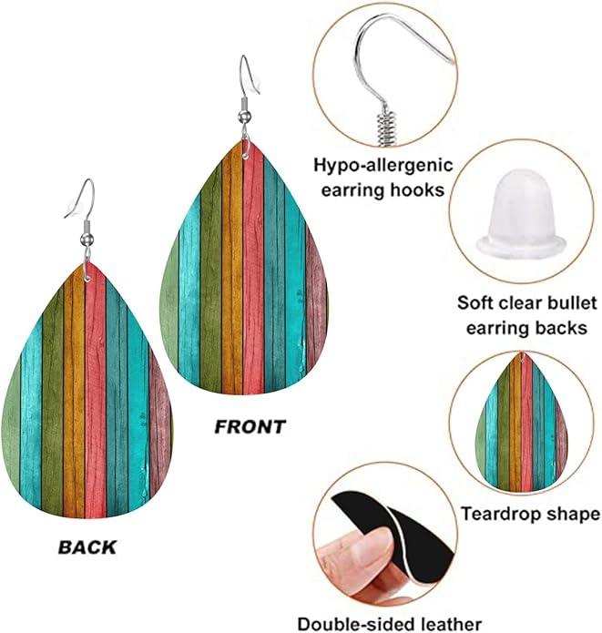 Vintage Wood Wooden Print Faux Leather Teardrop Earrings for Women Drop Dangle Earrings