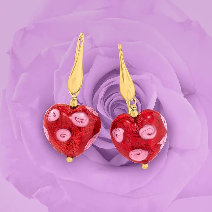 Ross-Simons Italian Murano Glass Heart Drop Earrings in 18kt Gold Over Sterling