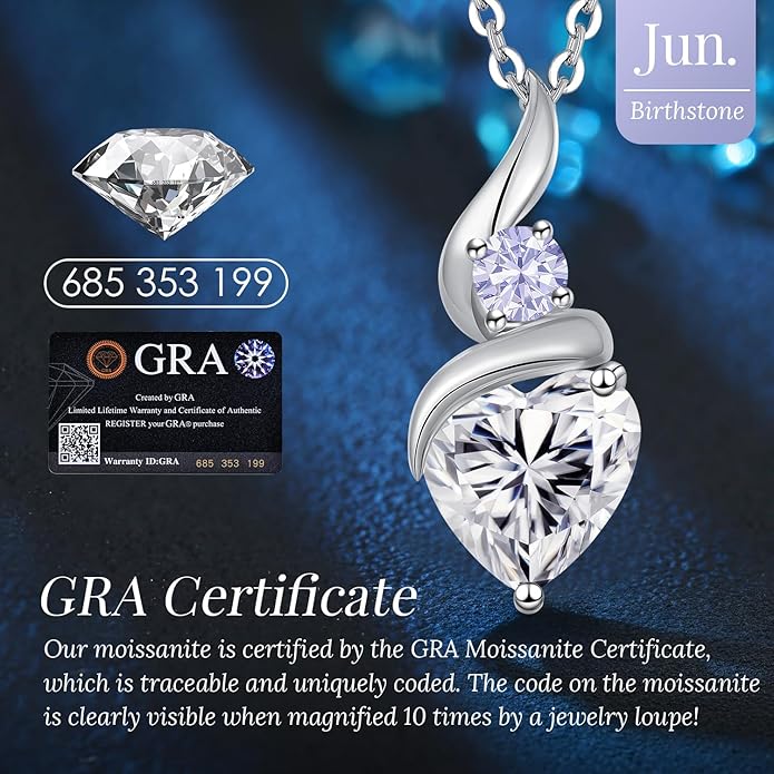 ANDSO Valentine's Day Gift Moissanite Heart Pendant Necklaces for Women, 925 Sterling Silver Necklace with Birthstone, Ideal Anniversary Present or Birthday Jewelry Gifts for Mom Wife Her Girlfriend