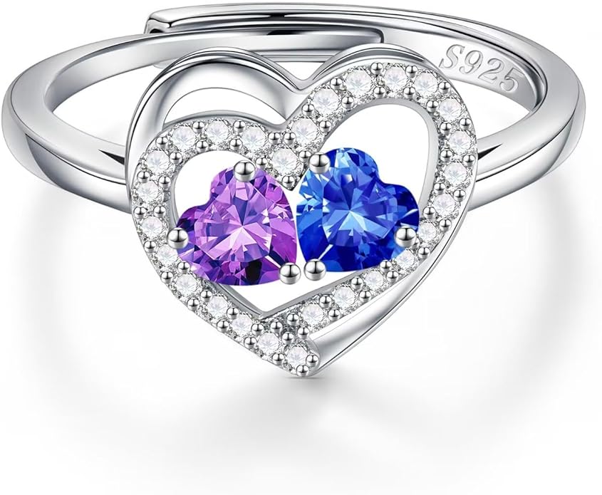 Iefil Adjustable Ring for Women - 925 Sterling Silver Double Birthstone Rings, Anniversary Birthday Gifts for Women Wife Her
