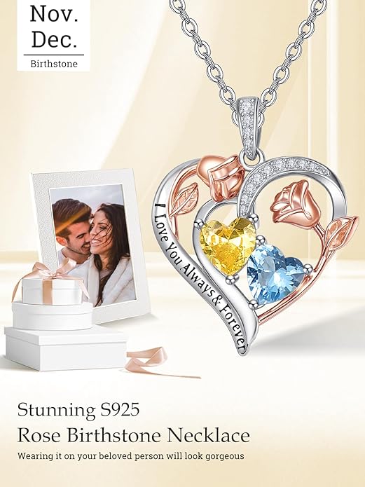 Valentine's Day Gifts for Wife 925 Sterling Silver Double Birthstone Pendant Necklaces I Love You for Always and Forever Necklace Anniversary Birthday Gifts for Wife Girlfriend Mom Her
