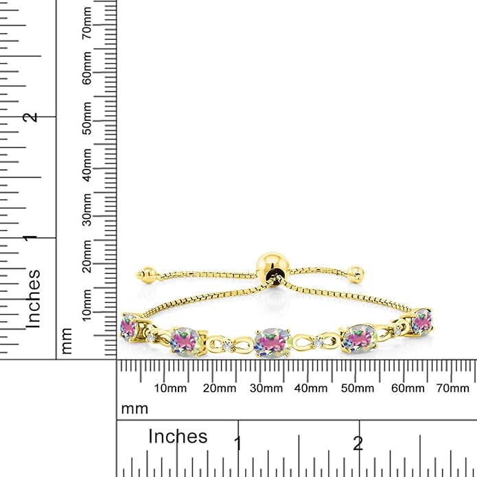 Gem Stone King 7X5MM Oval Cut Gemstone Birthstone and Accent Lab Grown Diamond Tennis Bracelet For Women In 18K Yellow Gold Plated Silver | Adjustable Bolo Bracelet For Women | Easy-On Easy-Off