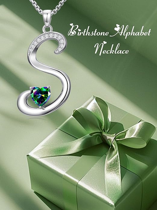 Valentines Day Gifts for Women Alphabet A to Z Initial Birthstone Pendant Necklaces for Women - 18k White Gold Plated Personalized Name Jewelry Valentine Mothers Day Birthday Gifts for Women Her Girlfriend