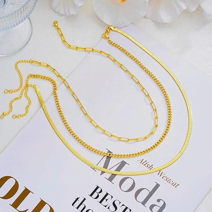Gold Layered Necklaces for Women, 14K Gold Plated Dainty Gold Chain Choker Necklace Stack, Herringbone Gold Necklaces Set