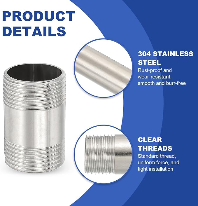PATIKIL 304 Stainless Steel Pipe Fitting, 2 Pack 1" BSP Male x 1" BSP Male - Image 4