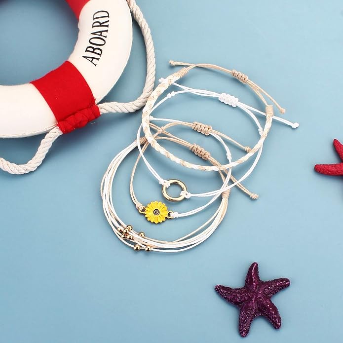 FANCY SHINY Sunflower String Bracelet Boho Braided Rope Wrap Bracelets Cute Summer Beach Surfer Jewelry for Women