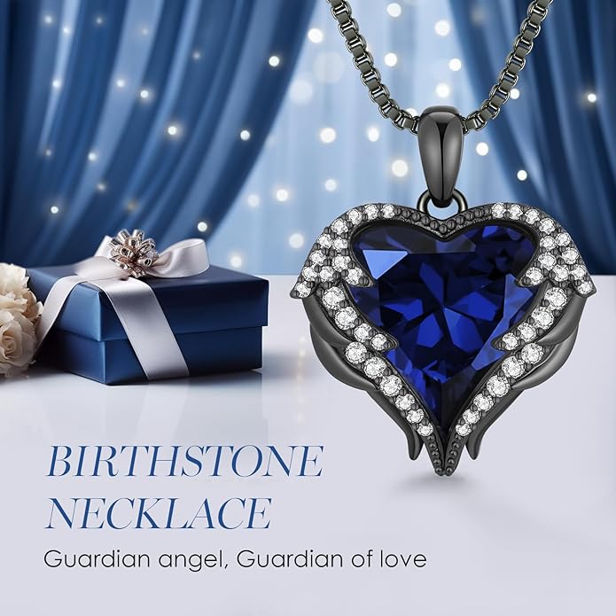 CDE Valentines Day Gifts for Women Angel Wings Necklace for Women with Birthstone, Love Heart Silver Tone/Gold Tone Pendant, Ideal Anniversary or Birthday Jewelry Gifts for Wife Girlfriend Her